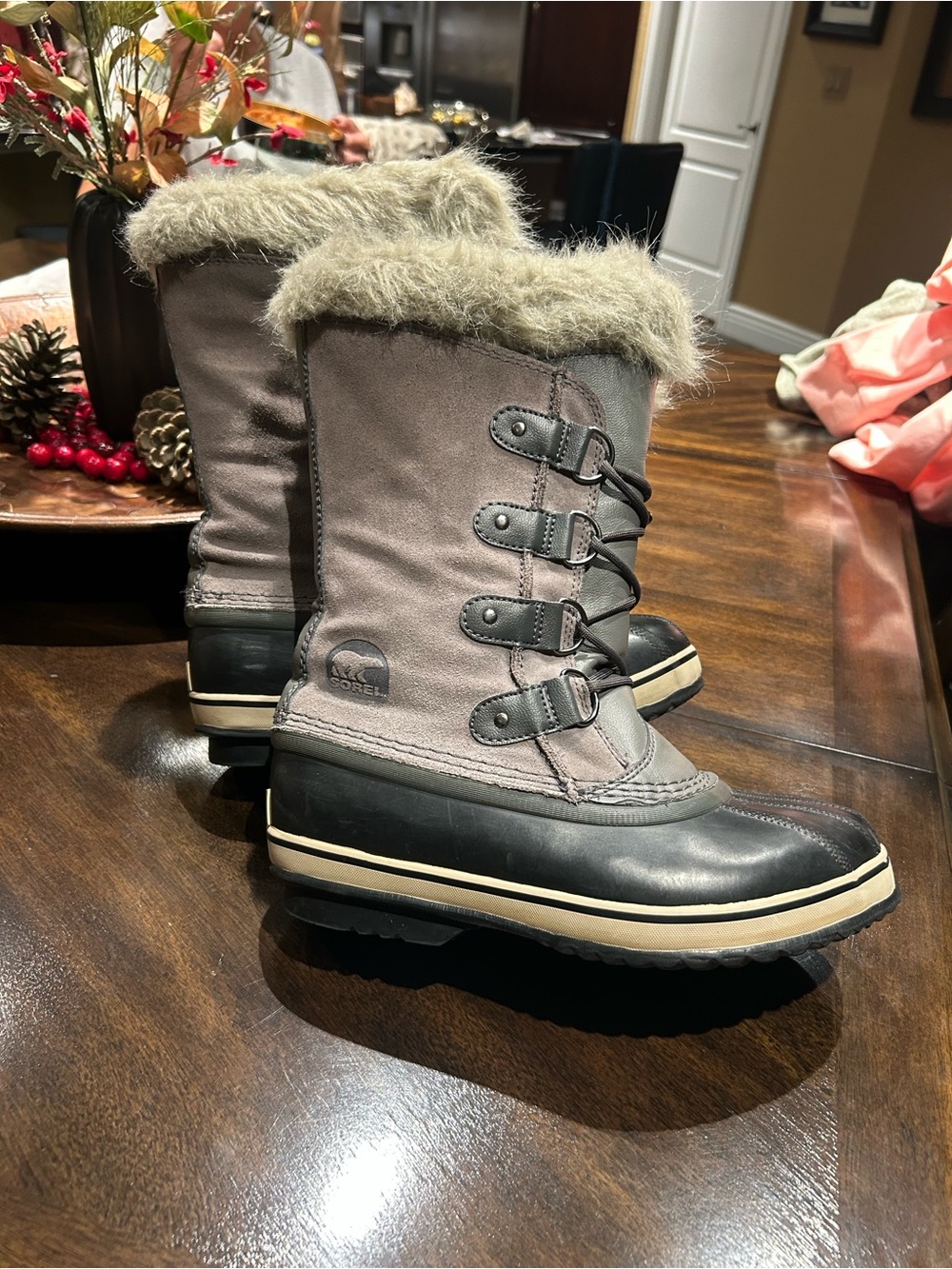 Sorel Women's Taupe and Black Winter Lace-Up Boot with Faux Fur Cuff